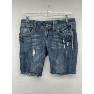 BONGO WOMENS SHORTS BLUE SIZE 5 JUNIOR DENIM JEAN BERMUDA DISTRESSED RAW HEM